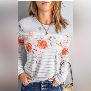 Grey and white striped floral top